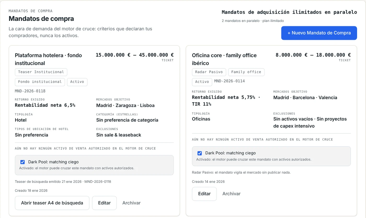 Mandatos de compra en la app: criterios de cada comprador, con ticket, mercados y exclusiones